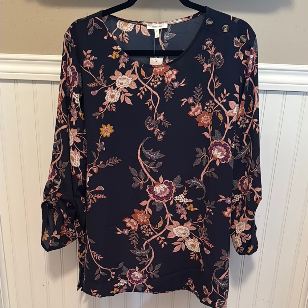 Maurices Blue Floral 3/4 Sleeve Blouse